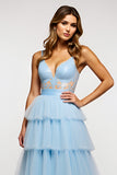 Sparkly Sky Blue Spaghetti Straps Tiered Long Prom Dress With Ruffles