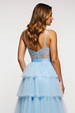 Sparkly Sky Blue Spaghetti Straps Tiered Long Prom Dress With Ruffles