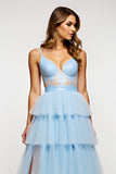 Sparkly Sky Blue Spaghetti Straps Tiered Long Prom Dress With Ruffles