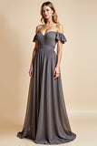 A Line Steel Grey Off The Shoulder Ruched Long Bridesmaid Dress