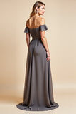 A Line Steel Grey Off The Shoulder Ruched Long Bridesmaid Dress