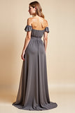 A Line Steel Grey Off The Shoulder Ruched Long Bridesmaid Dress