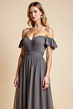 A Line Steel Grey Off The Shoulder Ruched Long Bridesmaid Dress