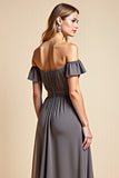 A Line Steel Grey Off The Shoulder Ruched Long Bridesmaid Dress