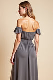 A Line Steel Grey Off The Shoulder Ruched Long Bridesmaid Dress