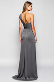 Sheath Steel Grey One Shoulder Long Satin Bridesmaid Dress