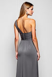 Sheath Steel Grey One Shoulder Long Satin Bridesmaid Dress