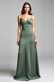 Eucalyptus Sheath Spaghetti Straps Satin Long Bridesmaid Dress