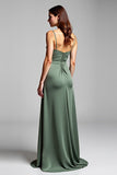 Eucalyptus Sheath Spaghetti Straps Satin Long Bridesmaid Dress