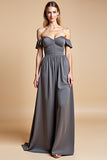 A Line Steel Grey Off The Shoulder Satin Long Bridesmaid Dress