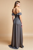 A Line Steel Grey Off The Shoulder Satin Long Bridesmaid Dress