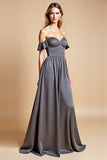 A Line Steel Grey Off The Shoulder Satin Long Bridesmaid Dress