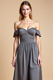 A Line Steel Grey Off The Shoulder Satin Long Bridesmaid Dress