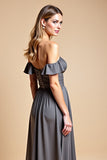 A Line Steel Grey Off The Shoulder Satin Long Bridesmaid Dress