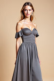 A Line Steel Grey Off The Shoulder Satin Long Bridesmaid Dress