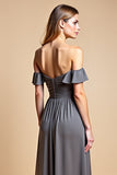 A Line Steel Grey Off The Shoulder Satin Long Bridesmaid Dress