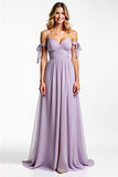 Lilac A Line Chiffon Spaghetti Straps Pleated Bridesmaid Dress