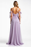 Lilac A Line Chiffon Spaghetti Straps Pleated Bridesmaid Dress