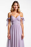 Lilac A Line Chiffon Spaghetti Straps Pleated Bridesmaid Dress