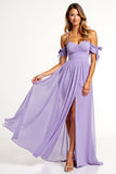 Chiffon Spaghetti Straps A Line Lilac Bridesmaid Dress with Slit