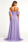 Chiffon Spaghetti Straps A Line Lilac Bridesmaid Dress with Slit