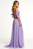 Chiffon Spaghetti Straps A Line Lilac Bridesmaid Dress with Slit