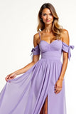 Chiffon Spaghetti Straps A Line Lilac Bridesmaid Dress with Slit