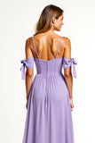 Chiffon Spaghetti Straps A Line Lilac Bridesmaid Dress with Slit