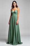 A Line Chiffon Eucalyptus Ruched Spaghetti Straps Bridesmaid Dress