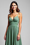 A Line Chiffon Eucalyptus Ruched Spaghetti Straps Bridesmaid Dress