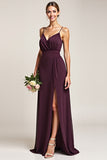 A Line Ruched Purple Bridesmaid Dress with Slit