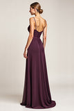 A Line Ruched Purple Bridesmaid Dress with Slit