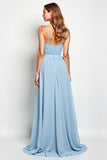 Sky Blue Spaghetti Straps Ruched A Line Bridesmaid Dress