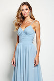 Sky Blue Spaghetti Straps Ruched A Line Bridesmaid Dress