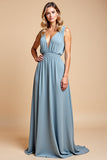 Dusty Blue Deep V Neck Chiffon A Line Bridesmaid Dress