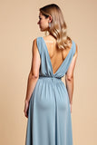 Dusty Blue Deep V Neck Chiffon A Line Bridesmaid Dress