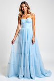 Sky Blue Tiered A Line Spaghetti Straps Bridesmaid Dress