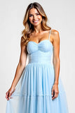 Sky Blue Tiered A Line Spaghetti Straps Bridesmaid Dress