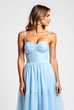 Sky Blue Tiered A Line Spaghetti Straps Bridesmaid Dress