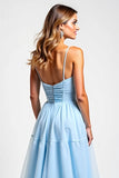 Sky Blue Tiered A Line Spaghetti Straps Bridesmaid Dress