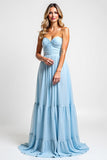 Strapless Ruched Tiered A Line Sky Blue Bridesmaid Dress