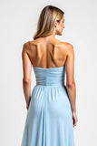 Strapless Ruched Tiered A Line Sky Blue Bridesmaid Dress