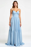 A Line Spaghetti Straps Chiffon Sky Blue Bridesmaid Dress