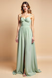 Dusty Sage Long Chiffon A Line Spaghetti Straps Bridesmaid Dress with Slit