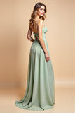 Dusty Sage Long Chiffon A Line Spaghetti Straps Bridesmaid Dress with Slit