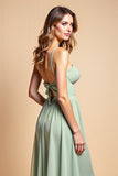 Dusty Sage Long Chiffon A Line Spaghetti Straps Bridesmaid Dress with Slit