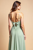 Dusty Sage Long Chiffon A Line Spaghetti Straps Bridesmaid Dress with Slit