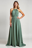 Halter A Line Eucalyptus Long Bridesmaid Dress