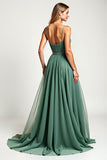 Eucalyptus Ruched A Line Long Bridesmaid Dress