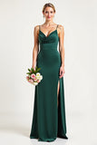 Dark Green Cowl Neck Satin Sheath Bridesmaid Dress with Slit